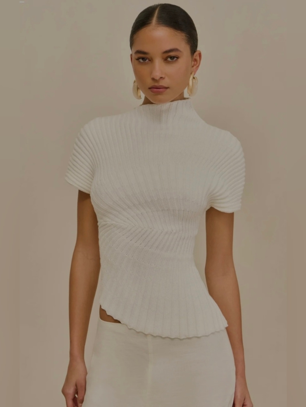 cult gaia Cream Ribbed Short Sleeve Mock Neck Crop Top